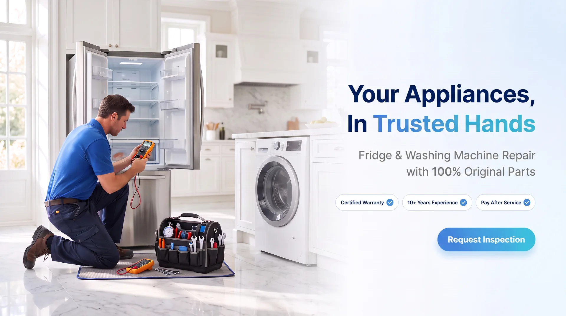 Your appliances in trusted hands: fridge and washing machine repair with 100% original parts. Request inspection
